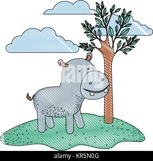 Caricature d'hippopotame dans une scène avec arbre et nuages dans crayon de couleur d'ossature Illustration de Vecteur