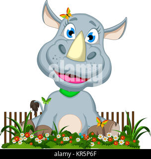 Funny cartoon rhino dans jardin fleuri Banque D'Images