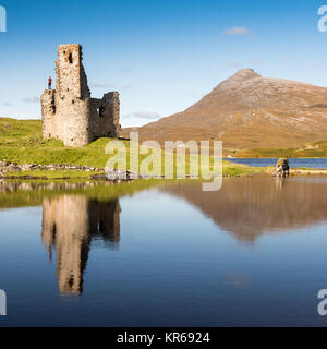 Les ruines d'Ardvreck Castle, château de clan Highland traditionnelles l'Assynt de MacLeods, stand sur les rives du Loch Assynt dans les Territoires du Highland Banque D'Images