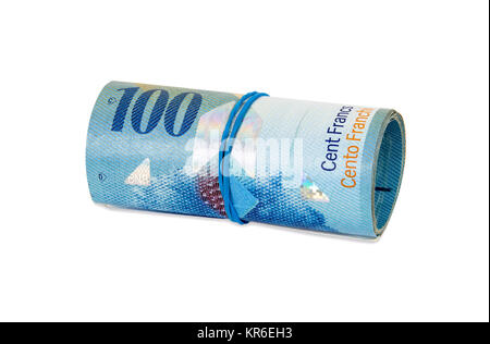 Billets de 100 franc suisse roula avec caoutchouc Banque D'Images