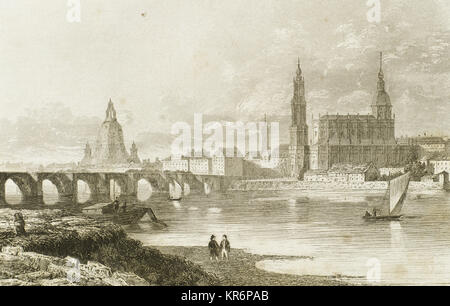 L'Allemagne. Dresde. État libre de Saxe. Elle est située dans une vallée, sur l'Elbe. La gravure. 'Panorama' Universel, 1843. Banque D'Images