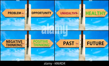 Photo Collage d'images avec deux flèches opposées au ciel bleu Banque D'Images