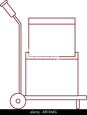 Camion de main avec des boîtes en carton empilées et scellées dans contour rouge foncé Illustration de Vecteur