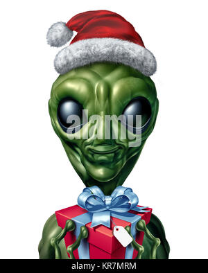 UFO alien vacances de Noël caractère comme donneur de don extraterrestre comme une créature de l'espace pendant la saison d'hiver ou comme une nouvelle année 3D illustration. Banque D'Images