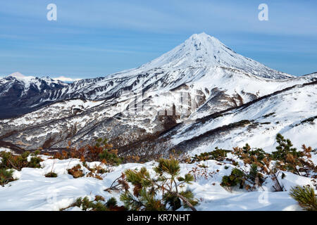 Neige hiver paysage montagneux de la péninsule du Kamtchatka : belle vue sur les sommets du cône du volcan Vilyuchinsky. Kamchatka, Extrême-Orient russe Banque D'Images