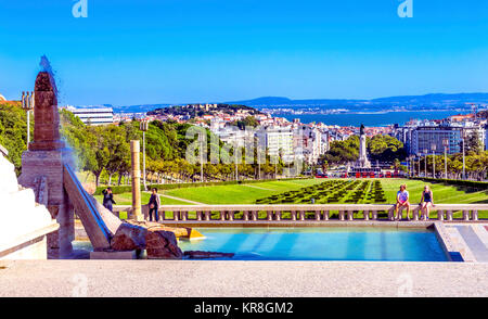 Le Parc Eduardo VII Pombal Square Colonne Tage Aperçu Lisbonne Portugal. Point important à Lisbonne. Banque D'Images