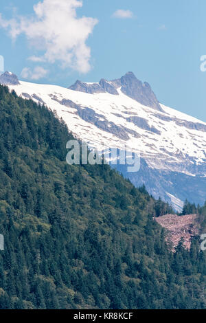 La coupe à blanc sur une colline raide avec les montagnes enneigées en arrière-plan, en Prince de Galles Atteindre, Jervis Inlet, en Colombie-Britannique. Banque D'Images