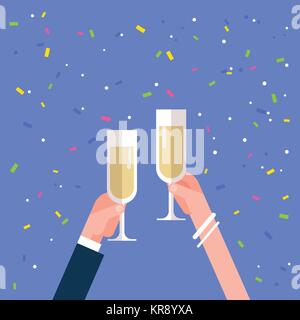 Homme et Femme Hands Holding Champagne Glasses Cheering Fêtes Concept Illustration de Vecteur