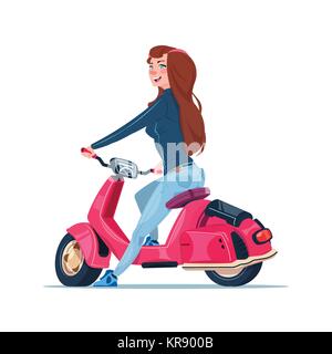 Young Girl Riding Scooter électrique moto vintage rouge isolé sur fond blanc Illustration de Vecteur