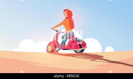 Young Girl Riding Scooter électrique sur Voyage en plein air au cours de moto vintage Paysage Ciel Bleu Illustration de Vecteur