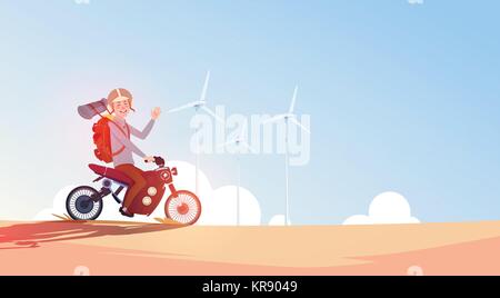 Man Riding Off Road Bike casque de moto sur Voyage Guy Plus de ciel bleu avec des éoliennes Illustration de Vecteur