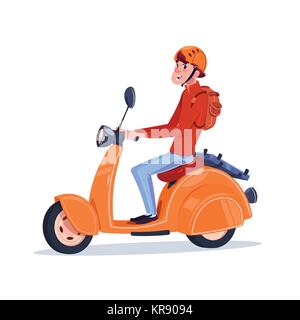 Les jeunes Guy Riding Scooter électrique Vintage Motorcycle isolé sur fond blanc Illustration de Vecteur