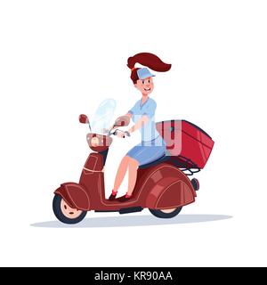 Woman Riding Scooter électrique transporter des bagages valise Voyage sur Anciennes isolé sur fond blanc Illustration de Vecteur