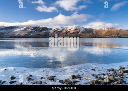 Catbells reflété dans le lac Derwent Water qui est partiellement plus glacé. Banque D'Images