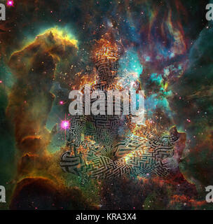 Le surréalisme. La figure de l'homme avec motif labyrinthe dans lotus de poser dans les flammes. Le rendu 3D. Certains éléments fournis avec l'aimable autorisation de NASA Banque D'Images