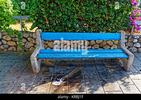 Blue rock et banc en bois sur la rue en face d'un buisson ou d'une clôture Banque D'Images