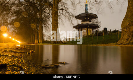 Londres, Angleterre, Royaume-Uni - 6 janvier 2014 : La pagode de la paix dans Battersea Park se reflète dans une flaque d'eau sur une nuit d'hiver pluvieux dans l'ouest de Londres. Banque D'Images