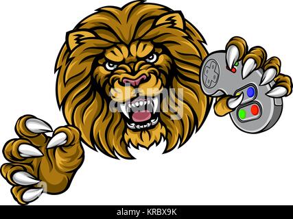 Mascotte Lion Gamer Player Illustration de Vecteur