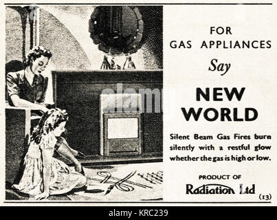 1940 old vintage publicité publicité originale Nouveau Monde feux gaz par rayonnement Ltd en 1947 lorsque le magazine vers fournitures étaient toujours restreinte en vertu de rationnement de l'après-guerre Banque D'Images