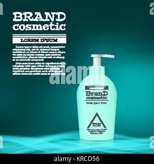 3D réaliste bouteille cosmétique modèle ads. Publicité de la marque de cosmétiques concept design avec abstract glowing vagues. Illustration de Vecteur