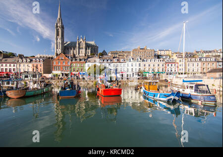 Cork, Irlande - Septembre 15, 2016 : La forme dominante de la cathédrale Saint-colman s'élève au-dessus des rues en terrasses et bateaux de pêche colorés de la s Banque D'Images