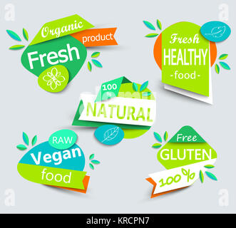 Vecteur moderne ensemble d'étiquettes de produits alimentaires biologiques sains. Banque D'Images
