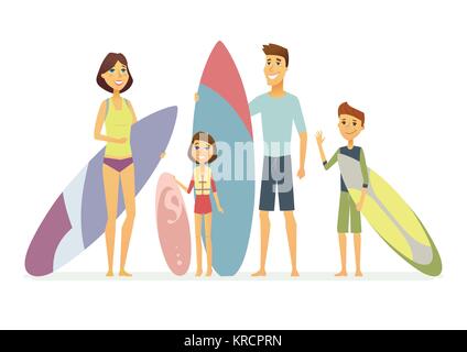 Famille va surfer - cartoon illustration isolé des caractères des gens Illustration de Vecteur