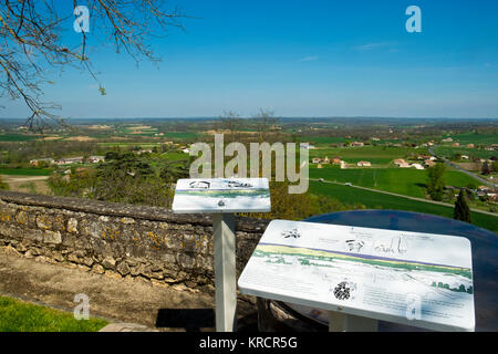 Les tableaux d'information Décrire les caractéristiques de l'une vue imprenable sur la campagne ouverte à partir de la colline, Monflanquin, Lot-et-Garonne, France. Cette communauté pittoresque est pensé pour être l'un des plus intacts dans le passé des exemples d'une bastide médiévale. Banque D'Images