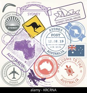 Australia Travel stamps set avec vue de Sydney - symboles voyage Illustration de Vecteur