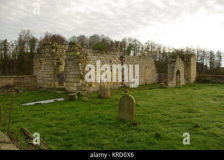 Vue des ruines du prieuré de Brainshaugh dans la paroisse d'Acklington, Northumberland. Le prieuré a été fondé au 12e siècle, et est proche de la rivière Coquet. Banque D'Images