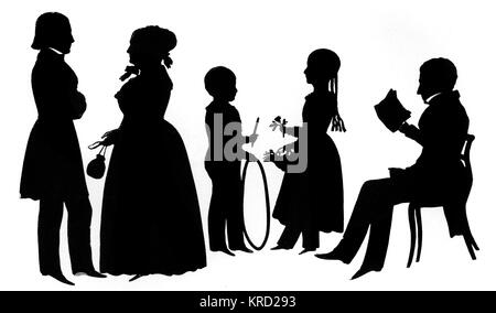 Le Cary famille de Boston, Massachussetts, USA en silhouette, coupé par la célèbre silhouette août artiste Edouart, qui a visité les États-Unis pendant les années 1840 et coupe des milliers de portraits silhouette pendant ce temps. Date : 1842 Banque D'Images