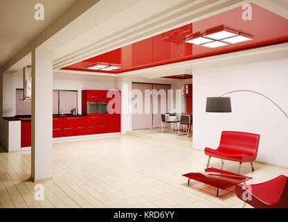 Intérieur de cuisine moderne rouge 3D render Banque D'Images