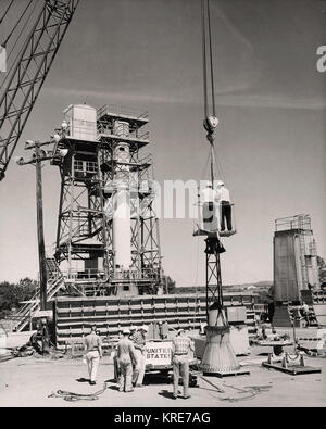 Cette photo montre l'INSTALLATION D'UN SYSTÈME D'ÉVACUATION DU MERCURE ET DE LA CAPSULE SUR LE DESSUS DE BOOSTER AVANT LE TIR D'ESSAI DE MERCURE REDSTONE Redstone-AU BANC D'ESSAI DU MARSHALL Space Flight Center (MSFC). Assemblé par MSFC, mercure-REDSTONE A ÉTÉ CONÇU POUR PLACER un vaisseau spatial habité en vol orbital AUTOUR DE LA TERRE ET DE RÉCUPÉRER EN TOUTE SÉCURITÉ. Préparatifs de tir Redstone-9306794 Banque D'Images