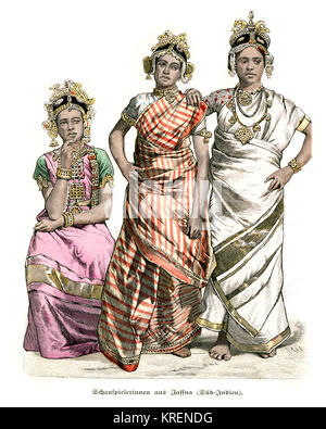 Gravure d'costumesof Vintage traditionnel de l'Inde, 19e siècle. Actrices de Jaffna, au Sri Lanka. Banque D'Images