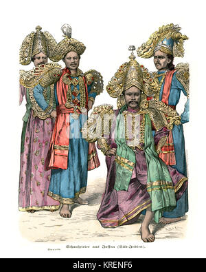 Gravure d'costumesof Vintage traditionnel de l'Inde, 19e siècle. Acteurs de Jaffna, au Sri Lanka. Banque D'Images