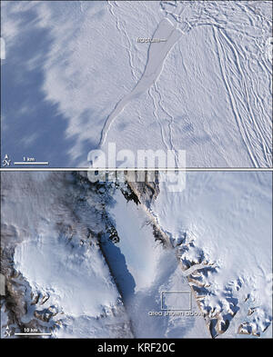 NASA image acquise le 7 septembre 2008. Image de la NASA publié le 12 septembre 2008. Couvrant quelque 1 295 kilomètres carrés (500 milles carrés) le long de la côte nord-ouest du Groenland, du glacier Petermann langue de glace flottante est l'hémisphère Nord, la plus grande et il a parfois vêlé grand icebergs. Entre 2000 et 2001, le glacier a perdu près de 87 kilomètres carrés (34 milles carrés). Entre le 10 juillet et le 24 juillet 2008, le glacier a perdu un autre 29 kilomètres carrés (11 milles carrés). Des chercheurs de l'Byrd Polar Research Center de l'Ohio State University, toutefois, ont exprimé une plus grande inquiétude Banque D'Images