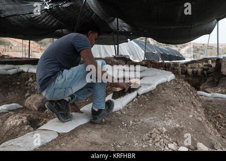 Bet Shemesh, Israël. 20 Décembre, 2017. Les archéologues et les travailleurs de l'Autorité des antiquités d'Israël continuent de découvrir plus de vestiges d'une période Byzantine 1 500 ans monastère et église décorée avec des sols en mosaïque et des éléments en marbre importé découvert dans Bet Shemesh. Découverte des vestiges de murs construits de grande maçonnerie de pierre et d'un pilier de marbre décorées de base avec des croisements. Credit : Alon Nir/Alamy Live News Banque D'Images