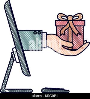 L'ordinateur de bureau et part holding gift box d'achat en ligne de crayon de couleur d'ossature Illustration de Vecteur