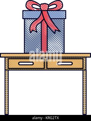 Table Bureau avec tiroirs vue de l'avant avec grande boîte-cadeau en silhouette crayon de couleur Illustration de Vecteur