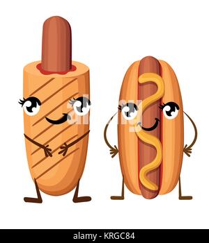 Hot dog avec de la moutarde et du ketchup avec chien de maïs avec les yeux les jambes et les mains avec fast-food face sourire style cartoon vector illustration isolé sur blanc b Illustration de Vecteur