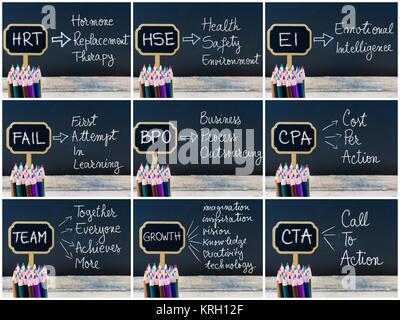 Collage Photo d'affaires acronymes écrit avec la craie sur tableau noir en bois mini étiquettes Banque D'Images