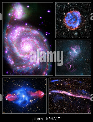 Ce montage présente des illustrations de cinq objets différents, allant d'une galaxie éloignée d'une supernova relativement proches. Chaque image contient des rayons X de Chandra le long avec des données d'autres télescopes que détecter différents types de lumière. Ces images ont été libérés pour commémorer le début de l'Année internationale de la lumière 2015, une année de célébrations, déclarée par les Nations Unies. Ces images illustrent comment les astronomes utilisent différents types d'ensemble pour obtenir une vision plus complète d'objets dans l'espace. NASA-2015IYL-Pix-ChandraXRayObservatory Multi-20150122 Banque D'Images