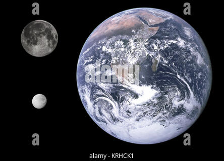 Dione, Terre et Lune comparatif de taille Banque D'Images