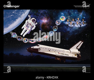 Il s'agit d'une version imprimable de la navette spatiale orbiter Challenger de rendre hommage, ou OV-099, qui est suspendu dans la salle de tir 4 de la Centre de contrôle de lancement de la NASA's Kennedy Space Center en Floride. Les réalisations de Challenger : lancement de la première nuit et premier afro-américain dans l'espace, Guion Bluford, sur STS-8, la première capture en vol, la réparation et le redéploiement de l'orbite d'un satellite au cours de la mission STS-41C, la première femme américaine dans l'espace, Sally Ride, sur STS-7, et la première femme américaine à marcher dans l'espace, Kathryn Sullivan, au cours de la mission STS-41G. Challenger est crédité de frayait un chemin pour l'Othe Banque D'Images