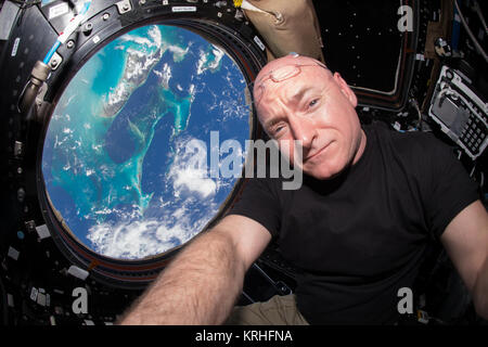 ISS-44 Scott Kelly visible à l'intérieur de la Coupole Banque D'Images