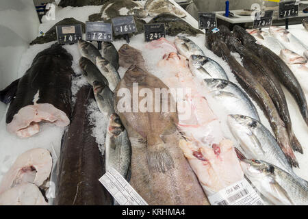 Sélection de poissons frais sur la glace dans un supermarché Espagnol Banque D'Images