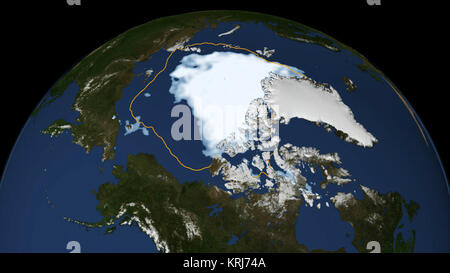 Cette visualisation montre l'étendue de la glace de mer de l'Arctique le 26 août 2012, le jour où le feu de la glace de mer à sa plus petite mesure jamais enregistré depuis plus de trois décennies de mesures par satellite, selon des scientifiques de la NASA et du National Snow and Ice Data Center. Les données sont à partir de la défense aux États-Unis Meteorological Satellite Program's Special Sensor Microwave/Imager. La ligne sur l'image montre la moyenne minimale à partir de la période 1979-2010, telle que mesurée par les satellites. Chaque été, la banquise Arctique fond jusqu'à ce que les scientifiques appellent le "minimum" avant le temps froid qui s'appuie le Banque D'Images