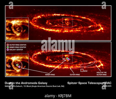 Les astronomes ont de nouvelles preuves que la galaxie spirale d'Andromède a été impliqué dans une violente collision frontale avec la galaxie naine voisine Messier 32 (M32) plus de 200 millions d'années. Photos prises avec l'infrarouge au télescope spatial Spitzer de la NASA a révélé un jamais-avant-vu l'anneau de poussières dans les profondeurs de la galaxie d'Andromède. Une fois combiné avec un anneau extérieur observé précédemment, la présence des deux anneaux de poussière suggère que M32 plongé sous le disque d'Andromède Andromède le long de l'axe polaire de l'ordre de 210 millions d'années. Cette image a été obtenue par la caméra infrarouge (IRAC) à un Banque D'Images