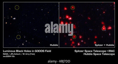 Les astronomes ont étudié le ciel profond avec trois grands observatoires de la NASA pour les trous noirs cachés et d'en venir à la conclusion que la plupart des trous noirs ne peut pas être vu dans les images visibles. L'image de gauche du télescope spatial Hubble de la NASA montre 1/200 du champ plein de ciel connu sous le nom de grands observatoires Origines Deep Survey, ou des marchandises. Elle met en évidence trois sources de rayons x (encerclé) et beaucoup d'autres galaxies. L'image de droite est constitué de données de Hubble et au télescope spatial Spitzer de la NASA et montre la même région. Les deux 'hard' X-ray sources (sources détectées seulement à la plus courte X-ray wa Banque D'Images