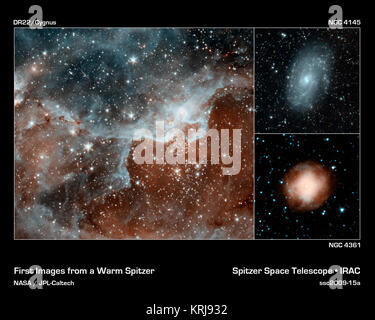 Ces images sont les premiers à être pris au cours de Spitzer mission chaud -- une nouvelle phase qui a commencé après le télescope, qui a fonctionné pendant plus de cinq ans et demi, avait plus de liquide de refroidissement. Les photos ont été pris avec les deux canaux infrarouge qui fonctionnent encore à Spitzer est encore tout à fait froid température de 30 kelvin (environ moins 406 degrés Fahrenheit). Les deux canaux infrarouge font partie de l'appareil photo infrarouge de Spitzer : 3,6 microns la lumière est bleue et 4,5 microns est orange. La principale photo montre un nuage, connu sous le nom de DR22, gorgé de nouvelles étoiles dans le ciel de la région Cygnus. Spi Banque D'Images
